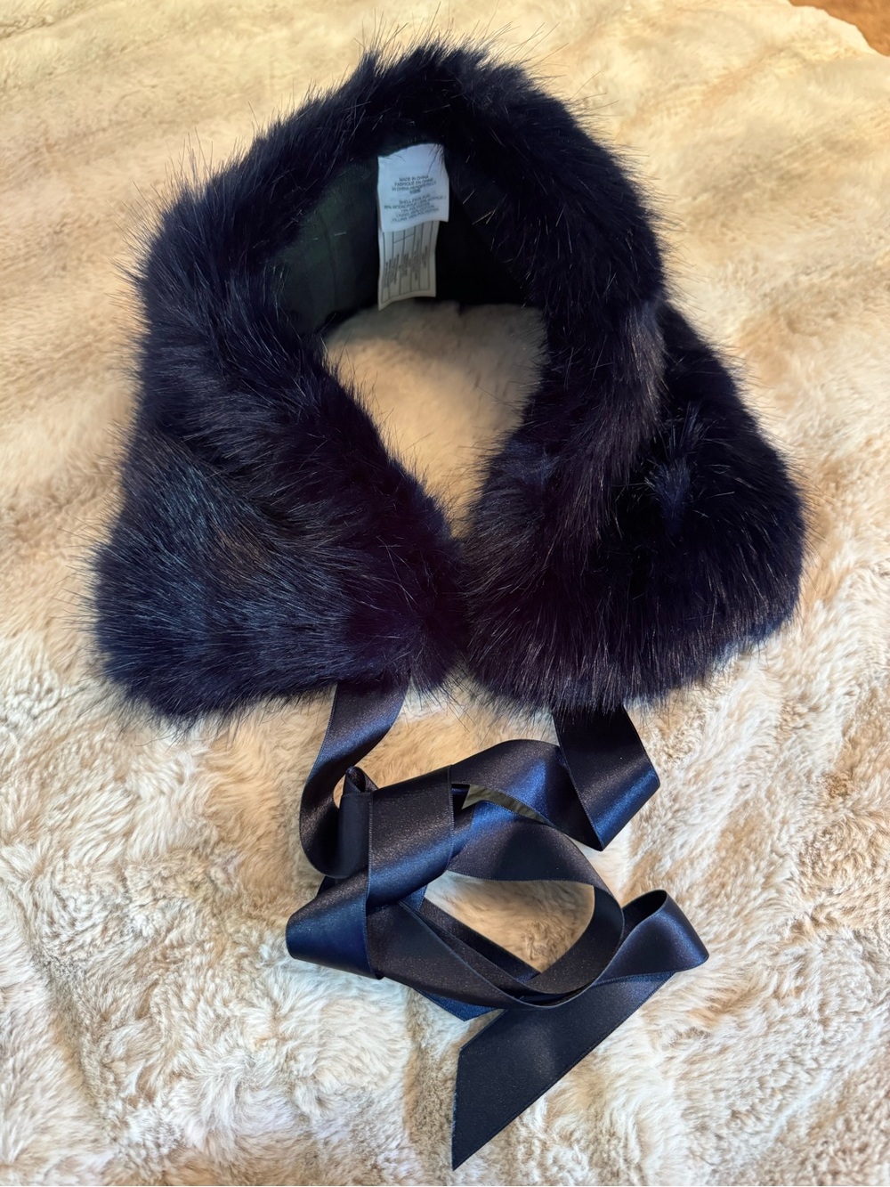 J.Crew navy blue faux fur collar featuring elegant satin ribbon ties.